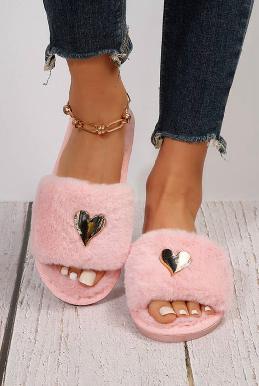 Pink Furry Gold Heart Slippers