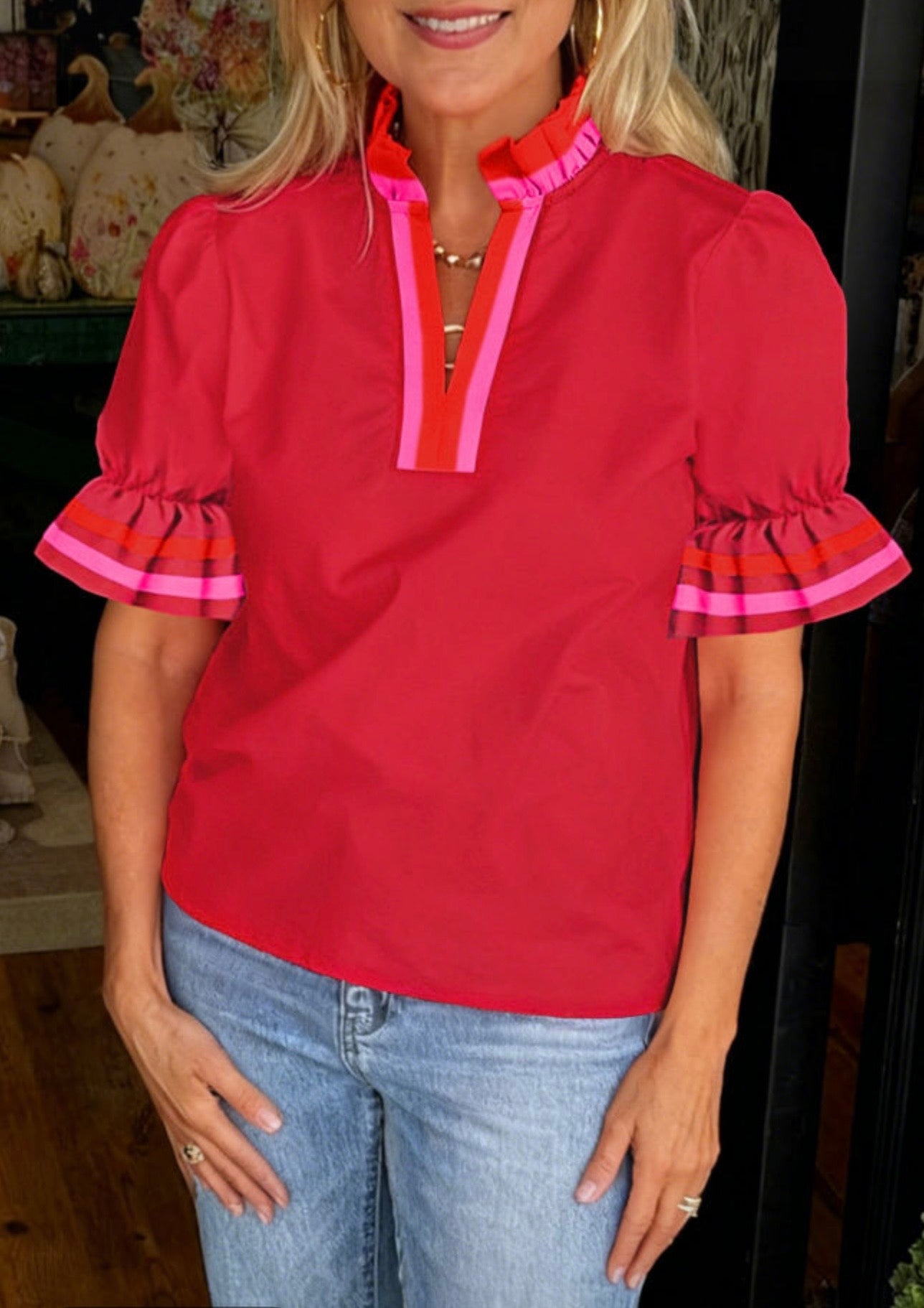 Red Pink Trim Top