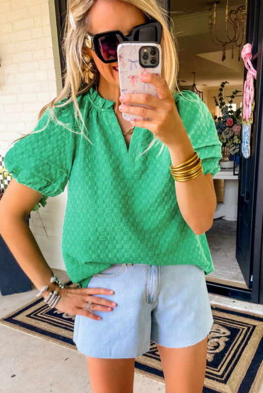 Green Textured V Neck Puff Sleeve Top