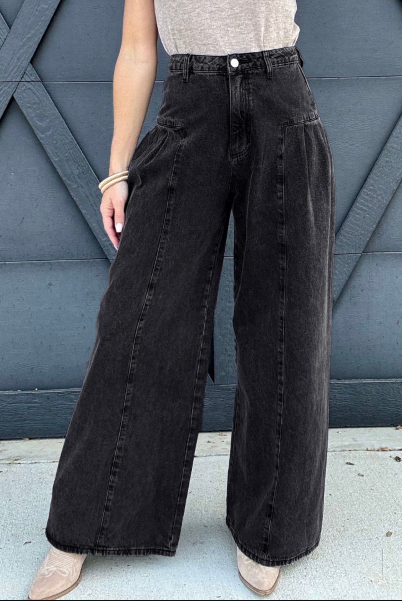 Charcoal Pleated Wide Leg Denim Pants