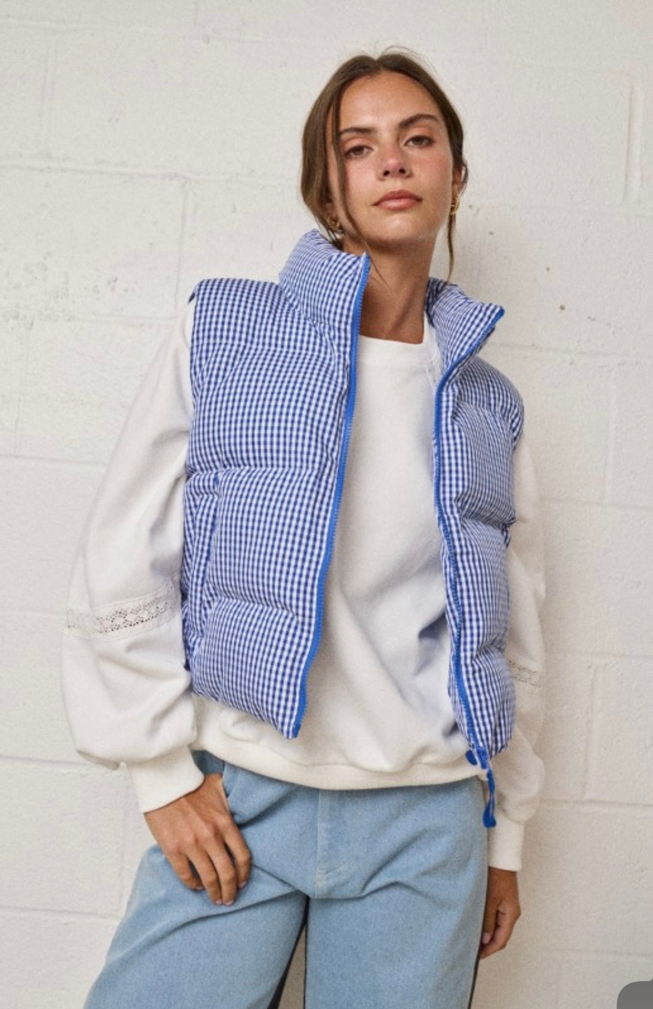 Gingham Puffer Vest, Navy