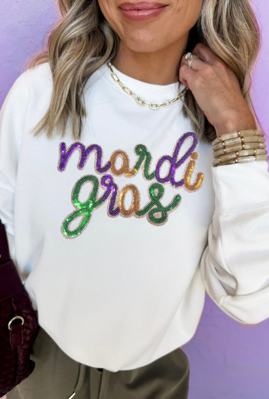 White Sequin Mardi Gras Sweatshirt