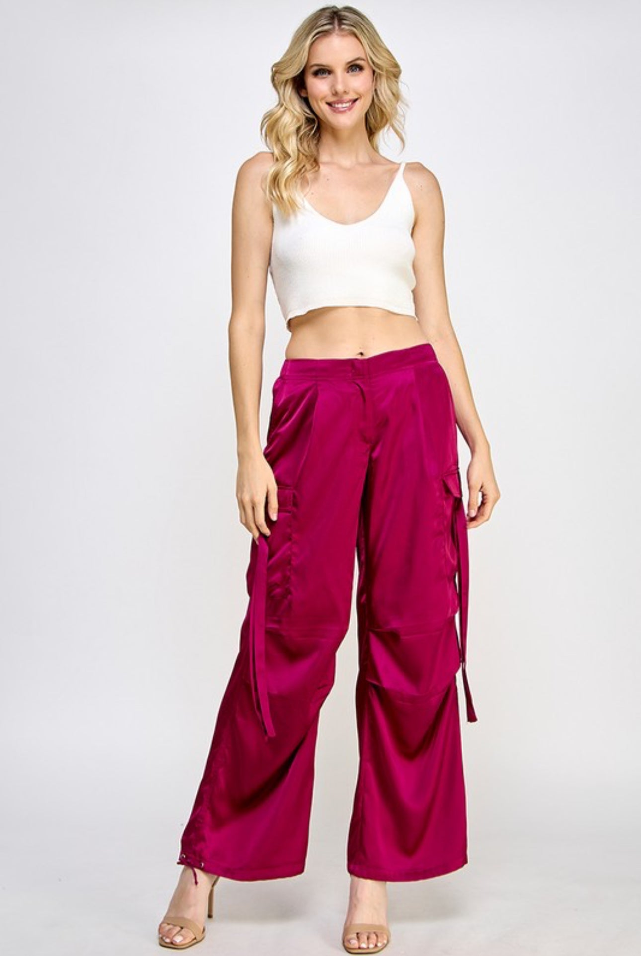 Satin Cargo Pants, Drawstring Cuff