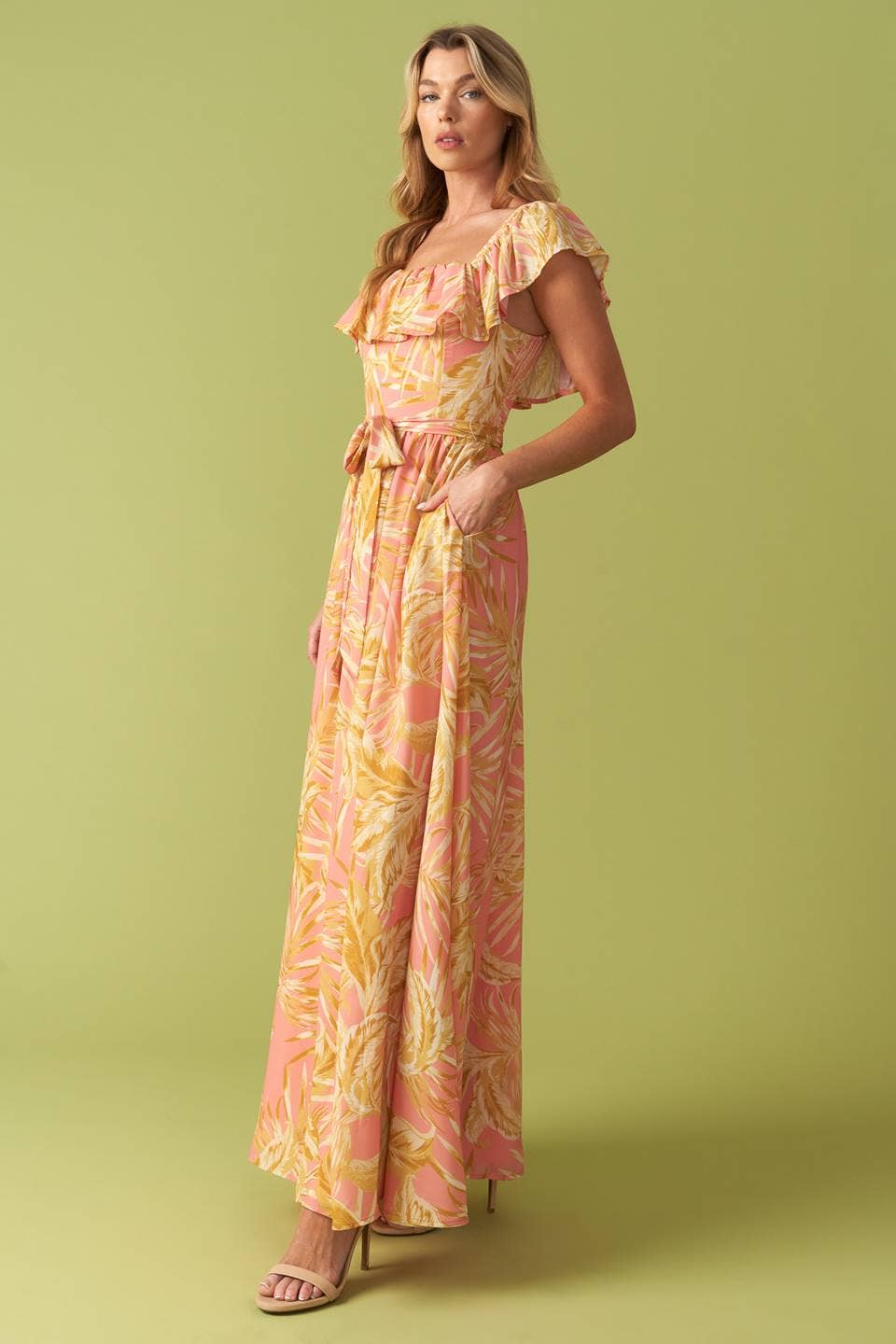 Pink Floral Flutter Top Midi Dress