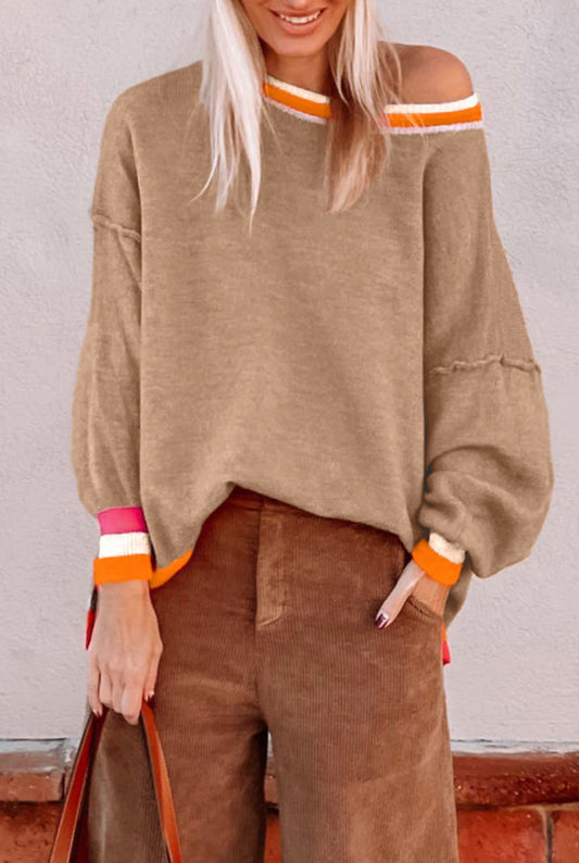 Tan Drop Shoulder Sweater with Orange/Pink Trim Stripes