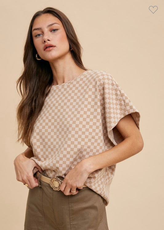 Anniewear Green and Cream Checkered Cap Sleeve Top