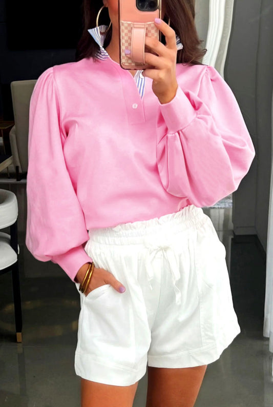 Pink Sweatshirt with Blue Stripe Ruffle Collar