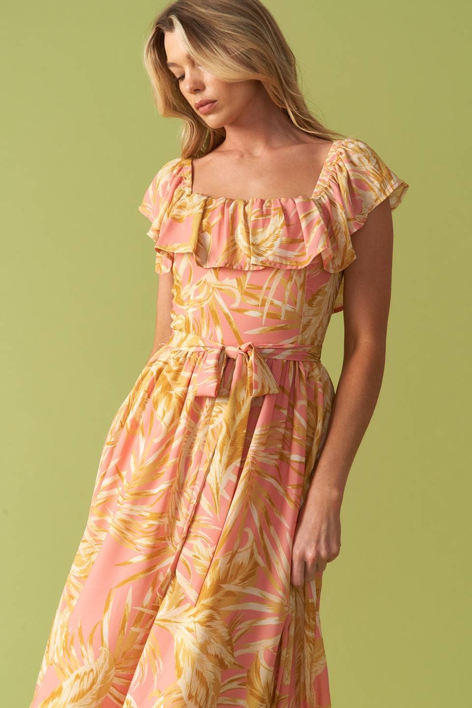 Pink Floral Flutter Top Midi Dress