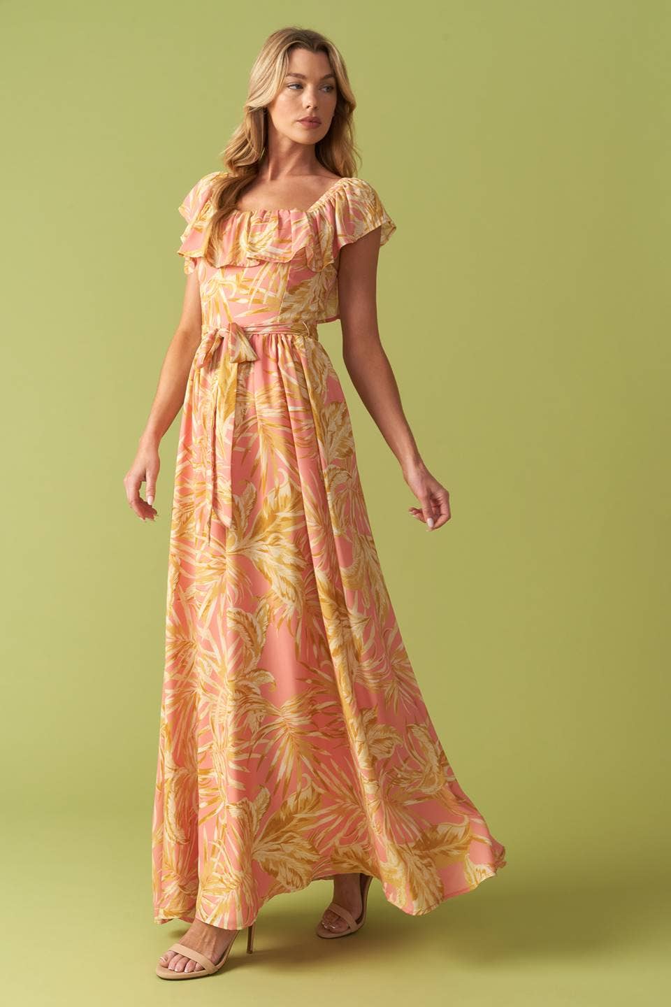 Pink Floral Flutter Top Midi Dress
