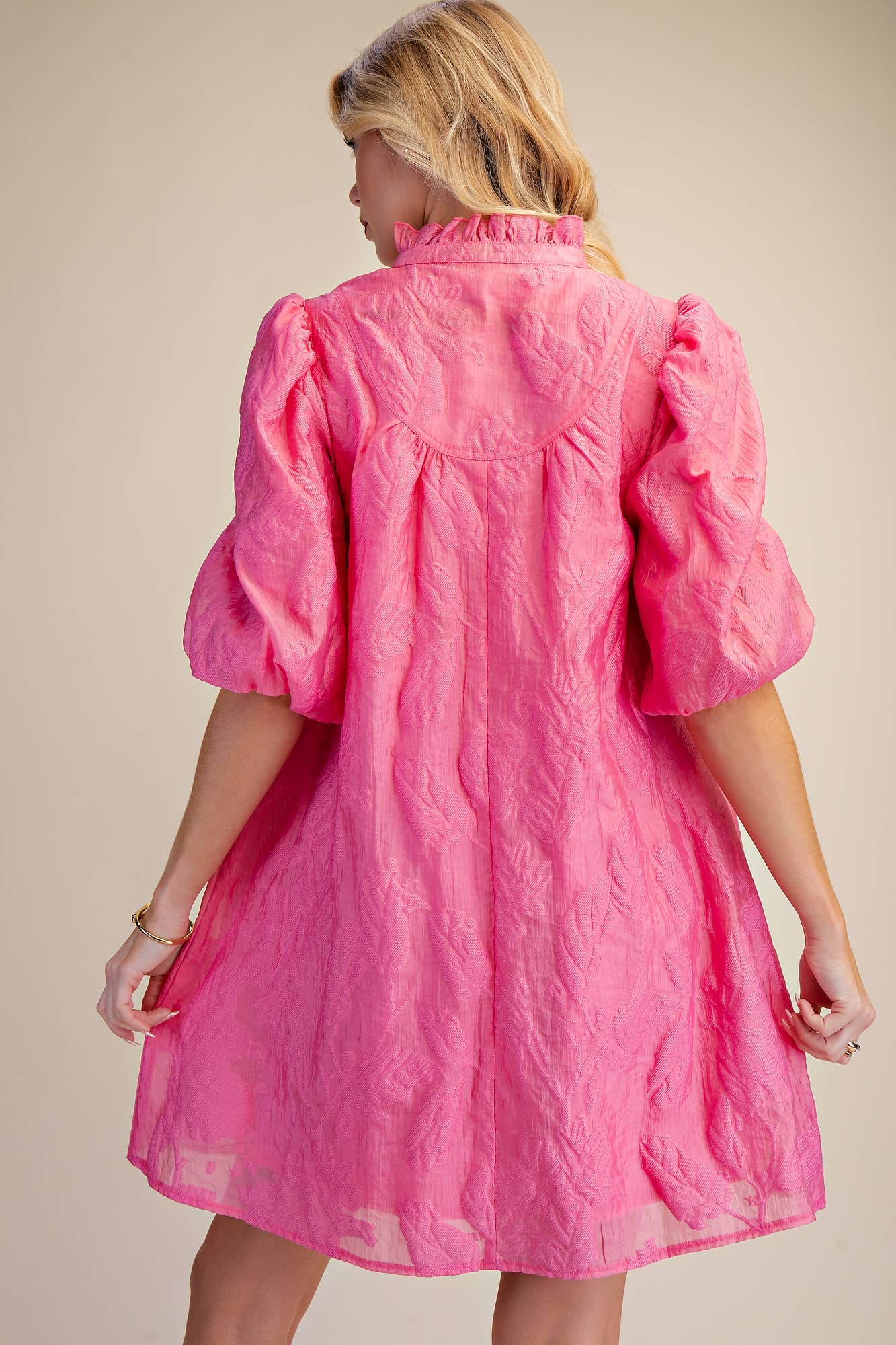 Pink Ruffled Neck with Volume Sleeve Dress