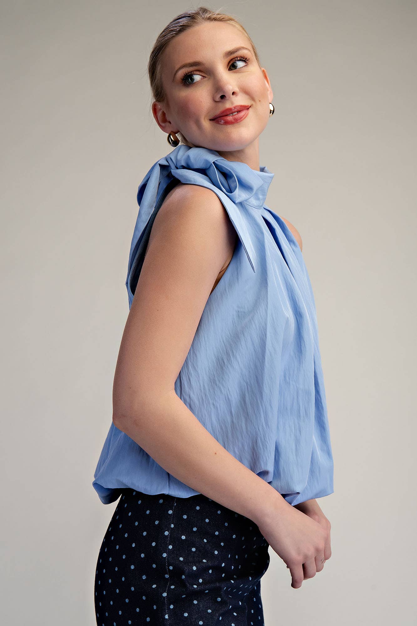 Blue High Neck Tie Wrap Balloon Sleeveless Top