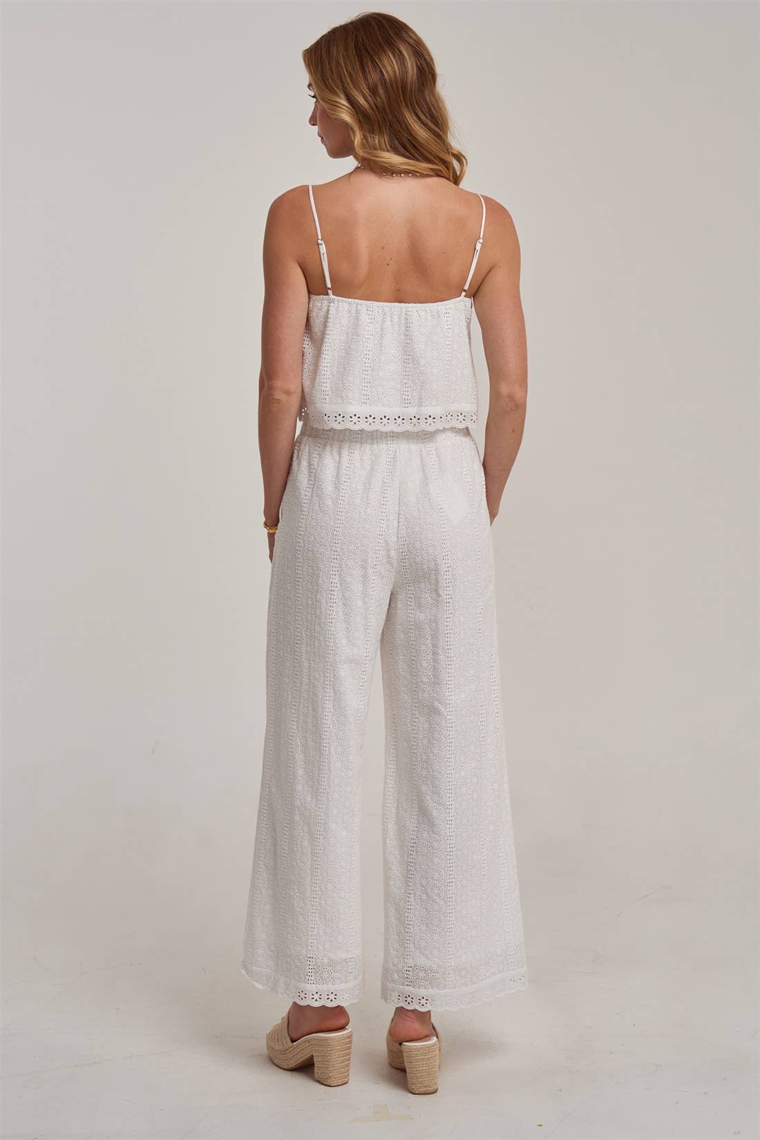 EYELET LACE CROPPED CAMI TOP AND WIDE LEG PANTS SUMMER SET