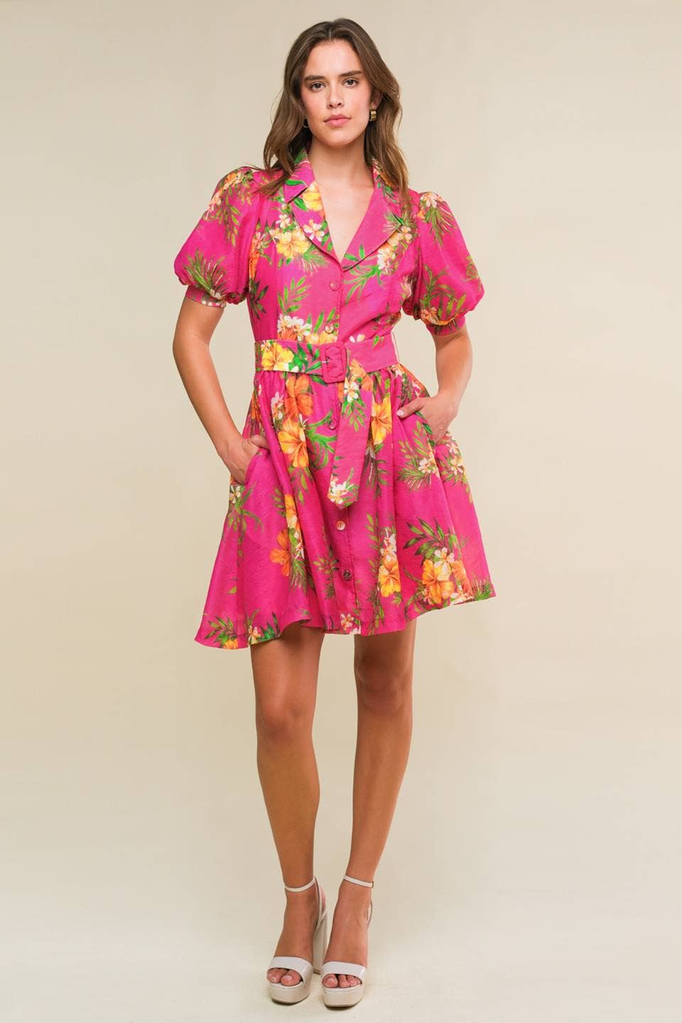 Fuchsia Printed Belted Woven Dress