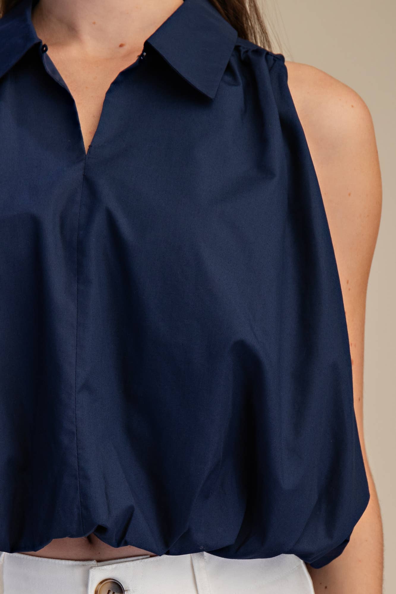 Navy Bubble Hem Sleeveless Shirt Top