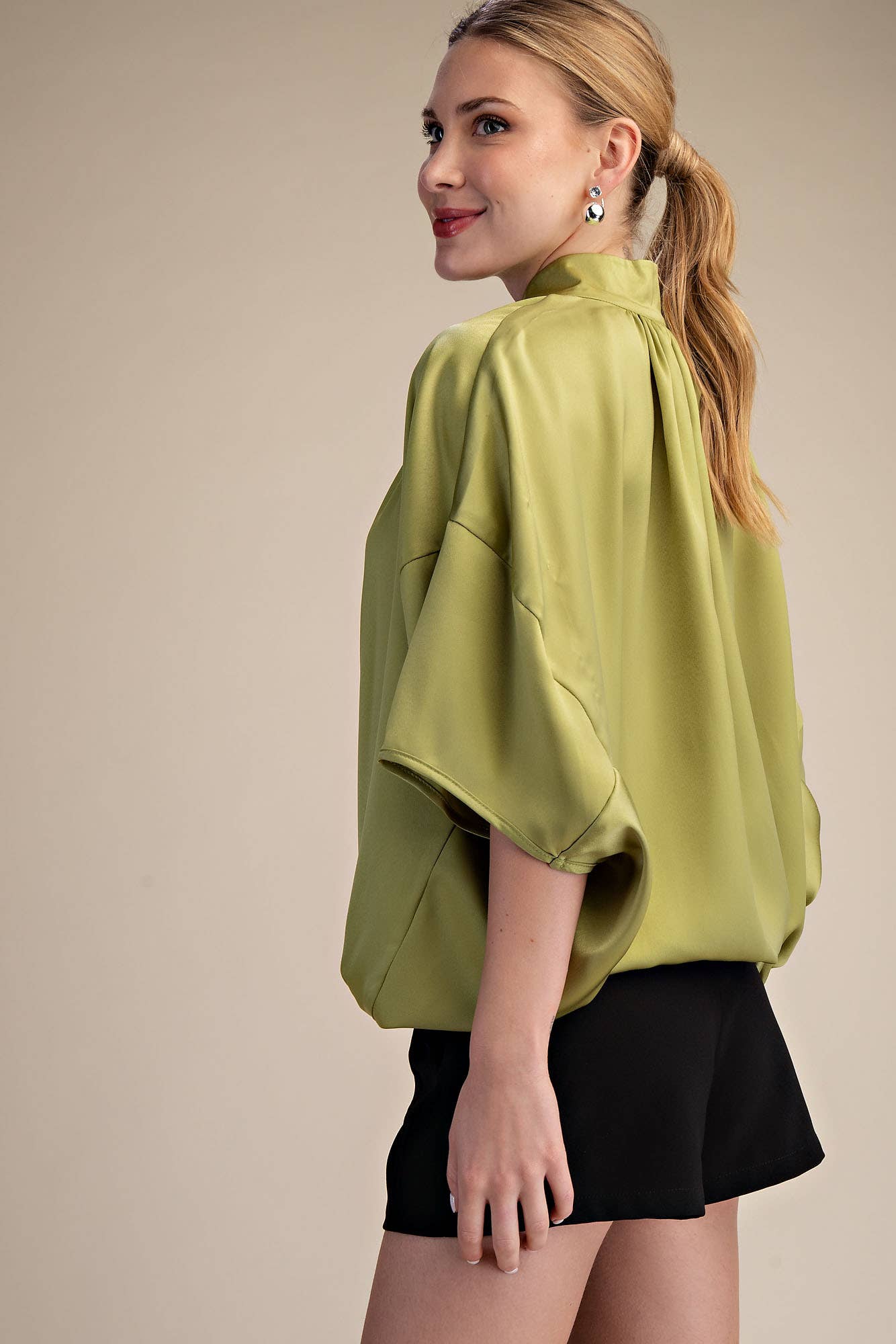 Chartreuse Elbow Sleeve Half Zip Satin Top