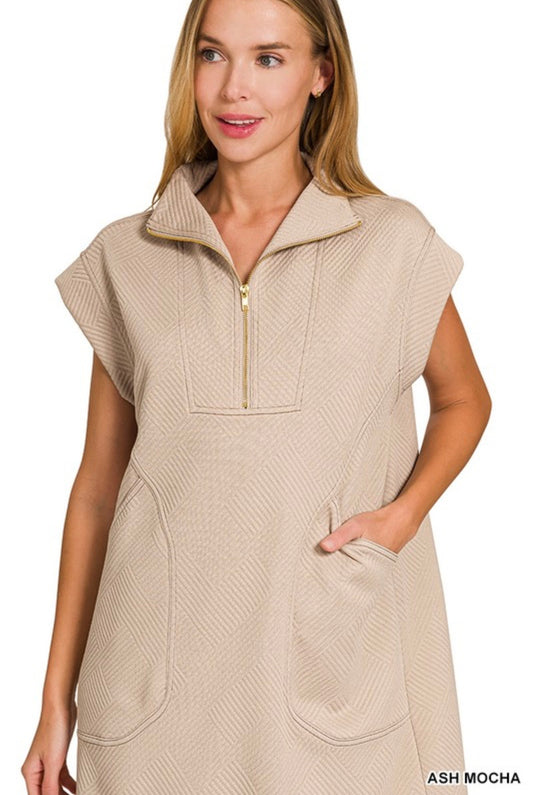 Textured Knit Jacquard Quarter Zip Dress