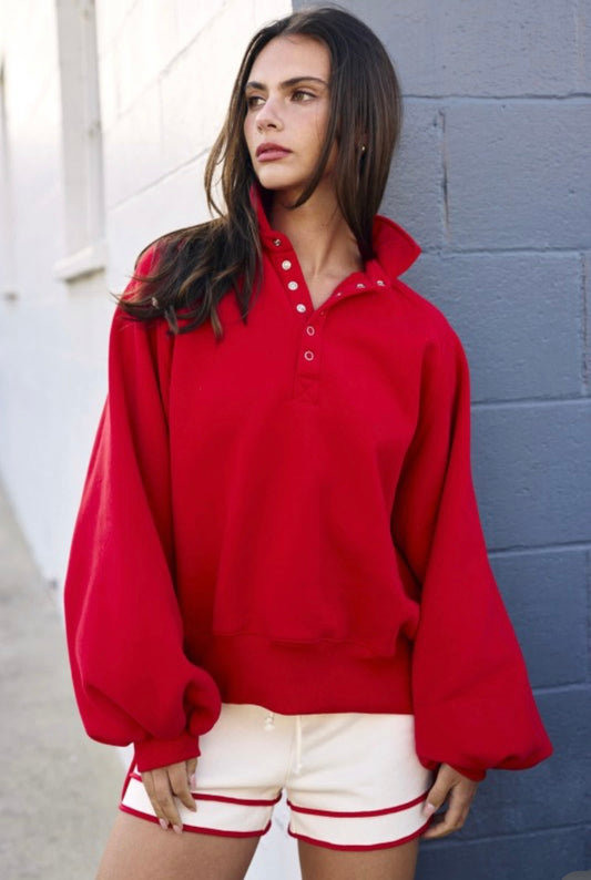 Snap Button V Neck Pullover Sweatshirt