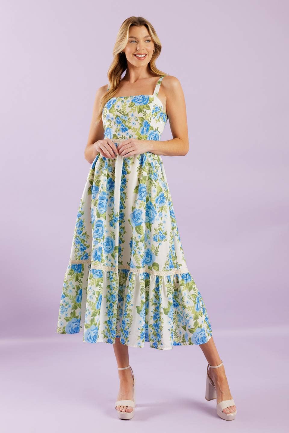 Blue Floral Woven Midi Dress