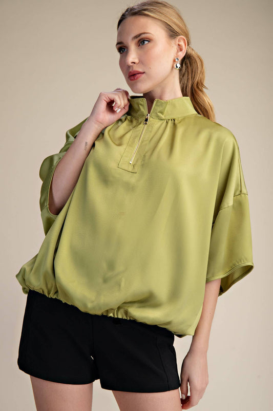 Chartreuse Elbow Sleeve Half Zip Satin Top