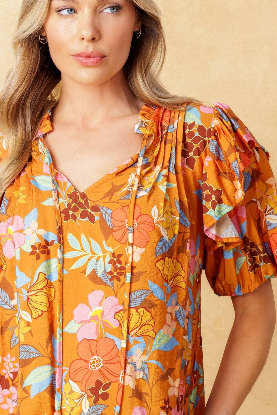 Orange Floral V Neck Top