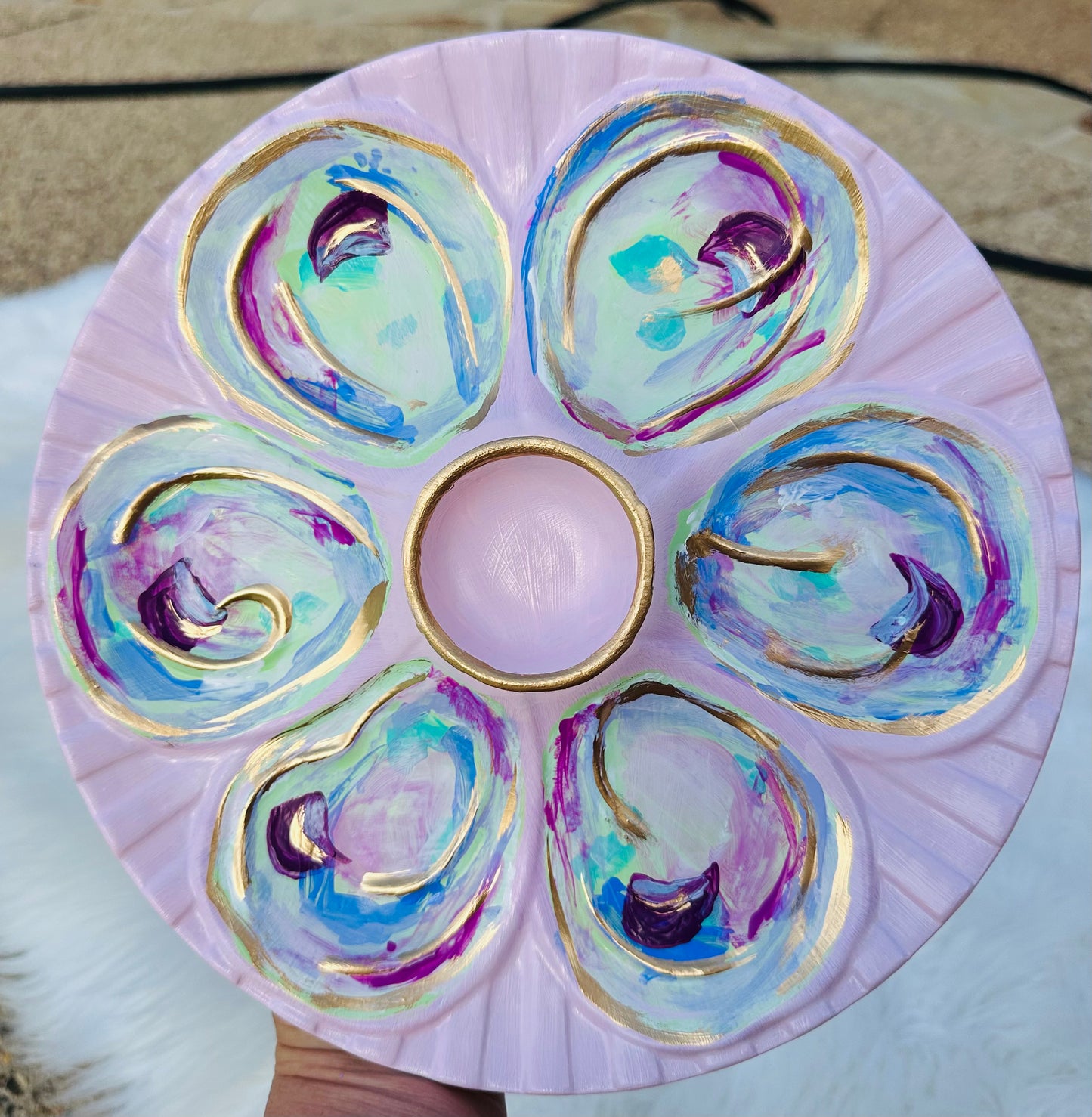 “Pink Coastal Blossom” Hand-Painted Gilded Oyster Plate