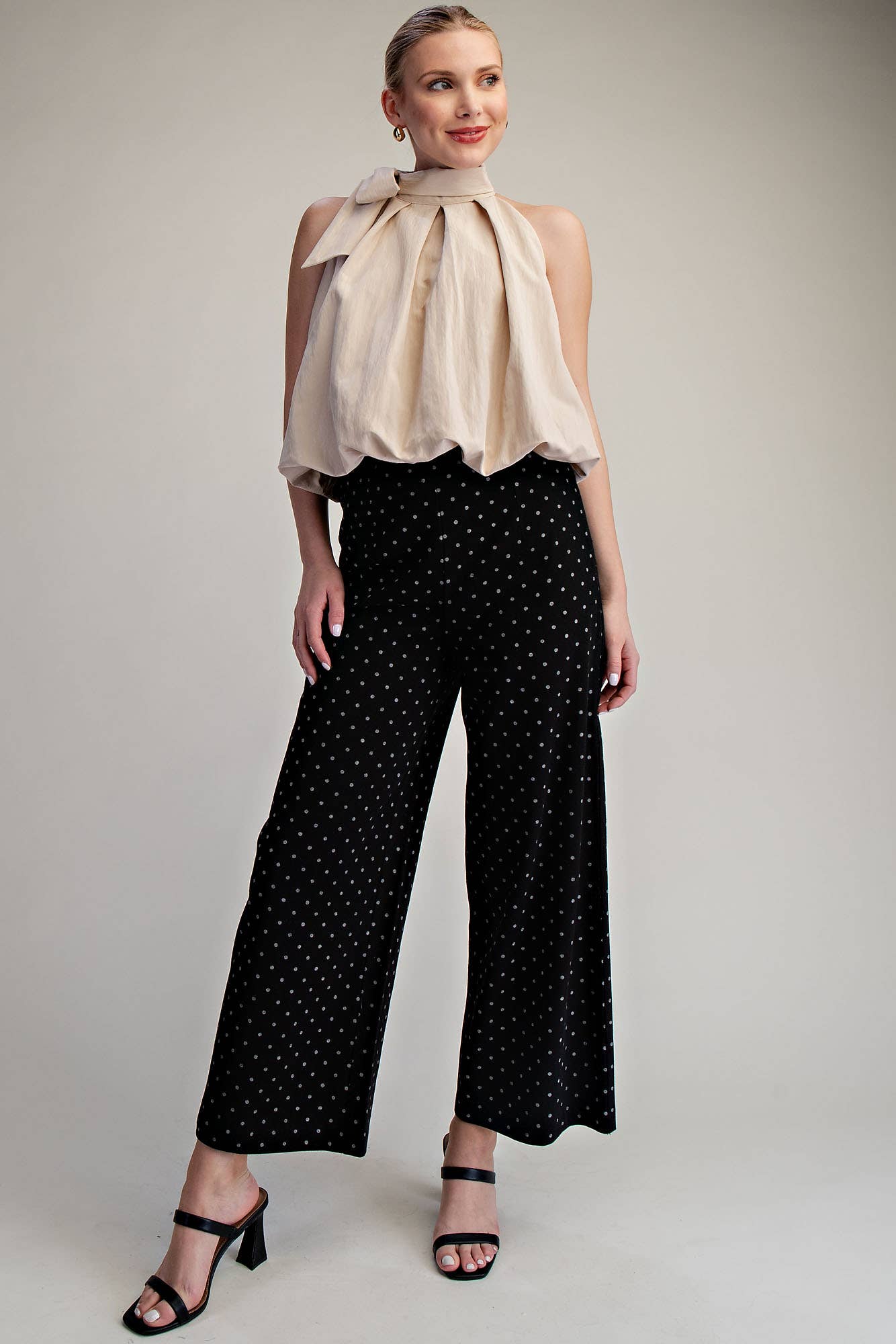 Taupe High Neck Tie Wrap Balloon Sleeveless Top