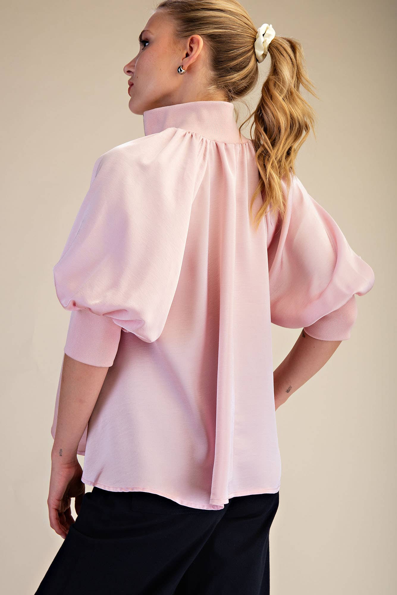 Soft Pink Mock Neck Band Puff Sleeve Elegance Blouse