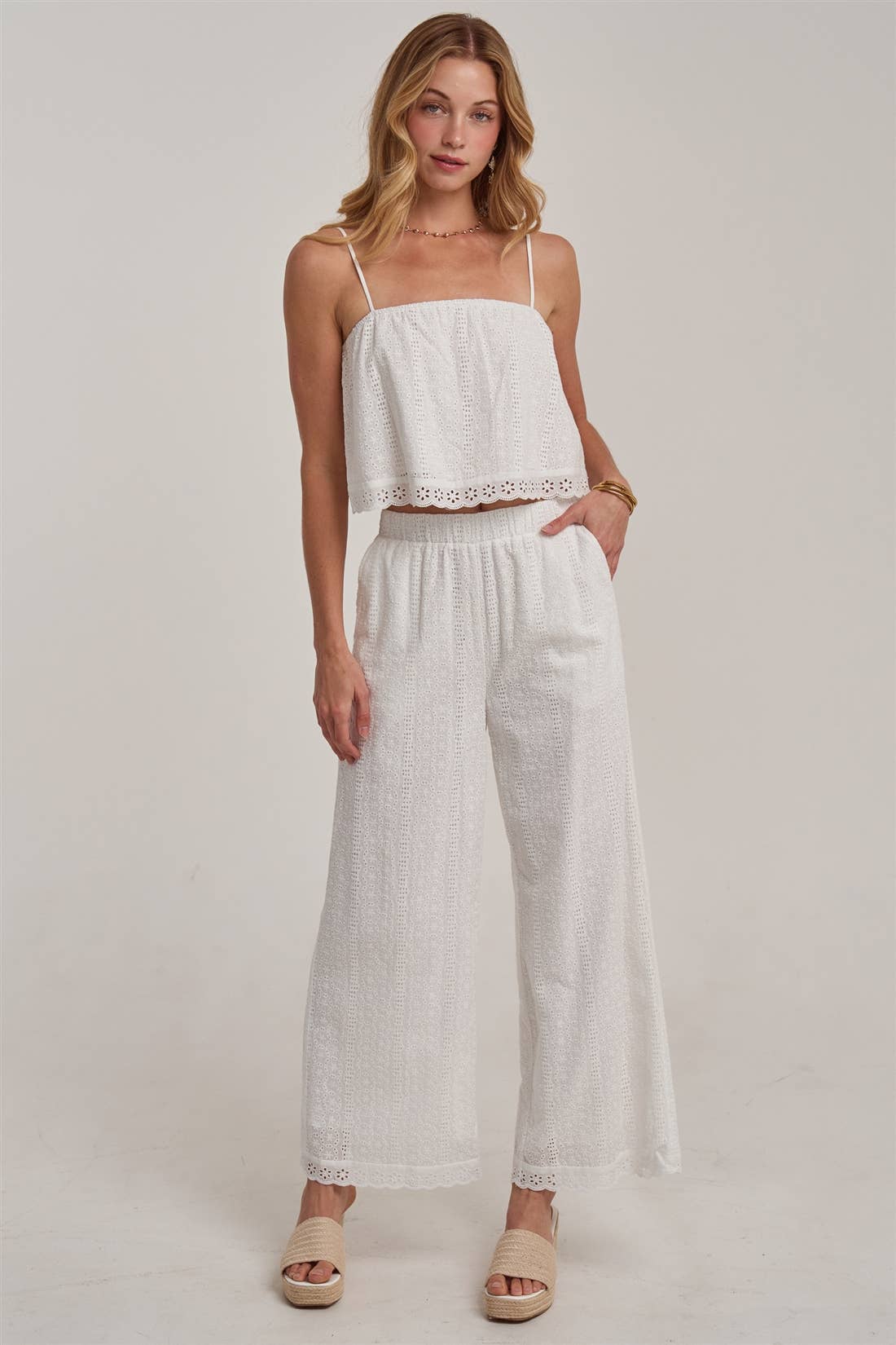 EYELET LACE CROPPED CAMI TOP AND WIDE LEG PANTS SUMMER SET