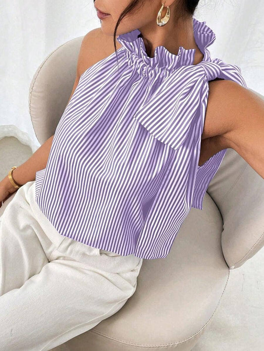 Lavender Striped Lace High Collar Tied Sleeveless Top