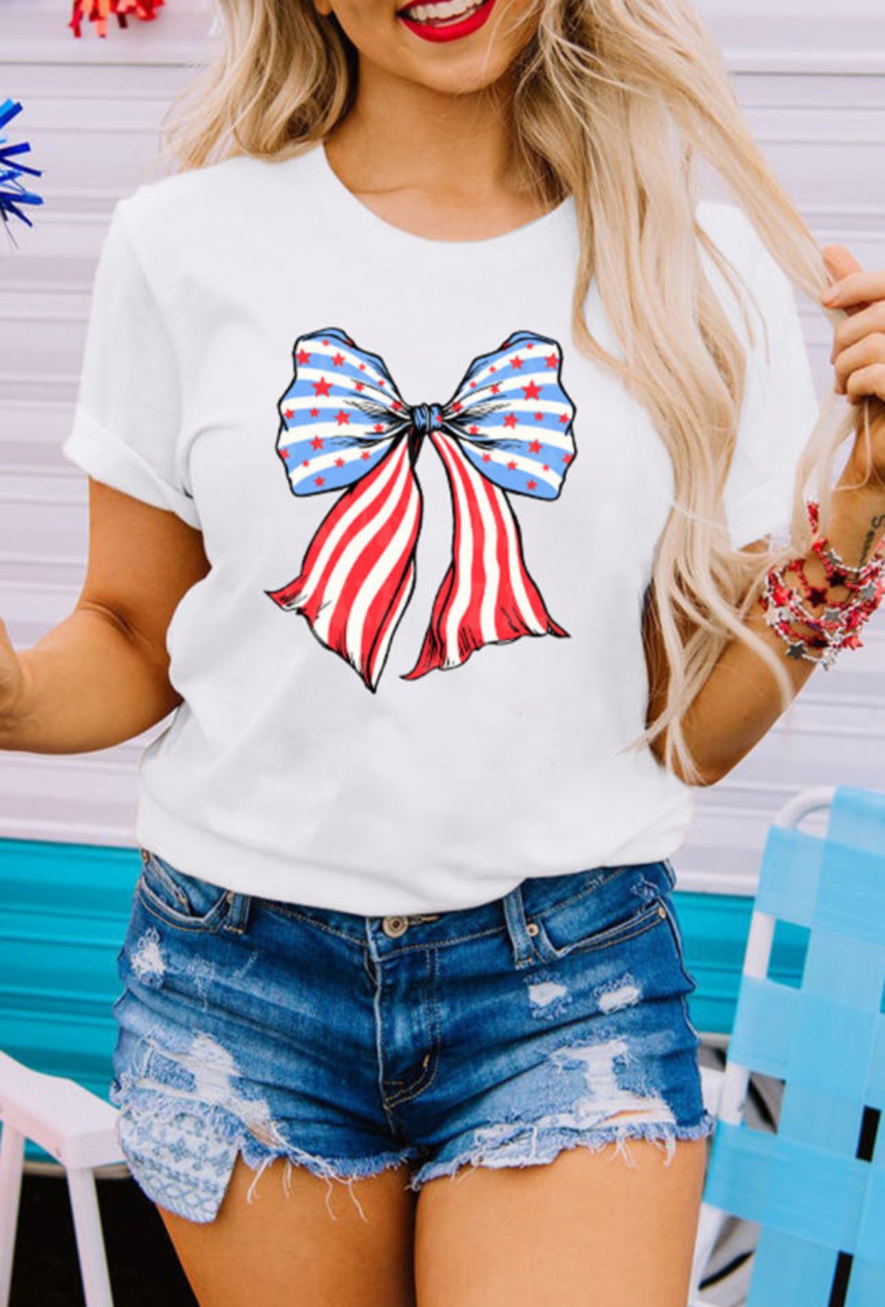 American Flag Bow White Tee