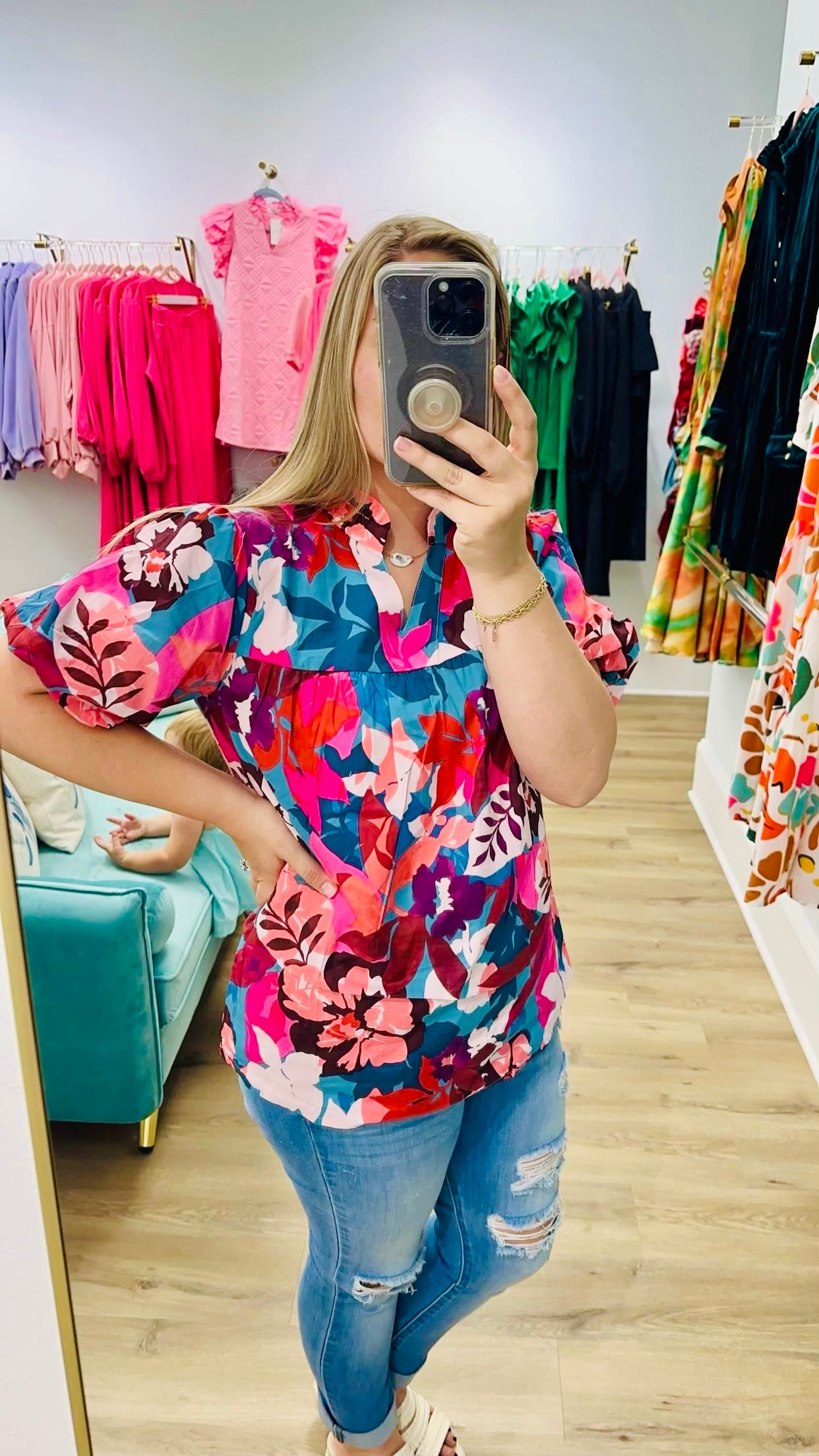 Floral Puff Sleeve V Neck Blouse