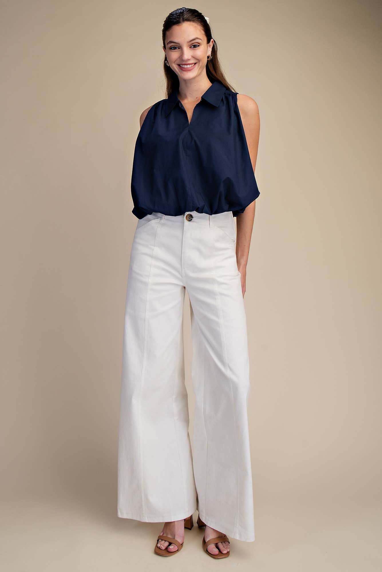 Navy Bubble Hem Sleeveless Shirt Top