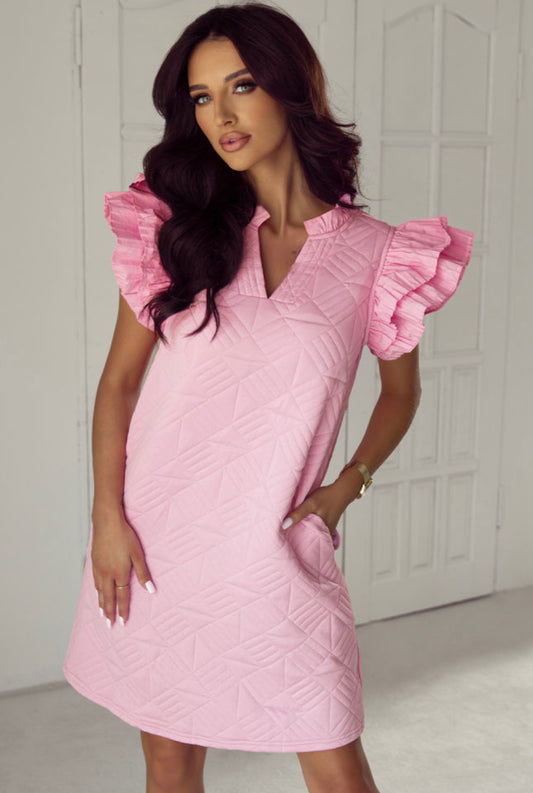 Pink Quilted Ruffle Sleeve Dress with Pockets