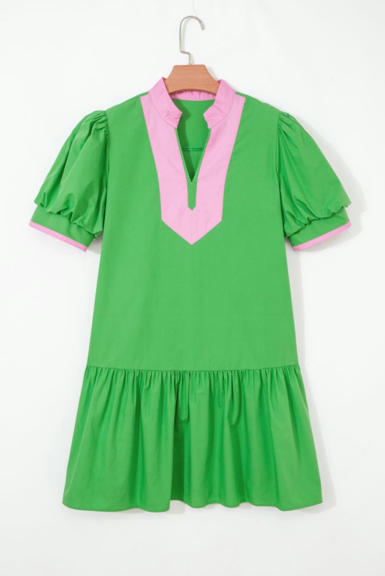 Green Puff Sleeve Pink Detail Dress