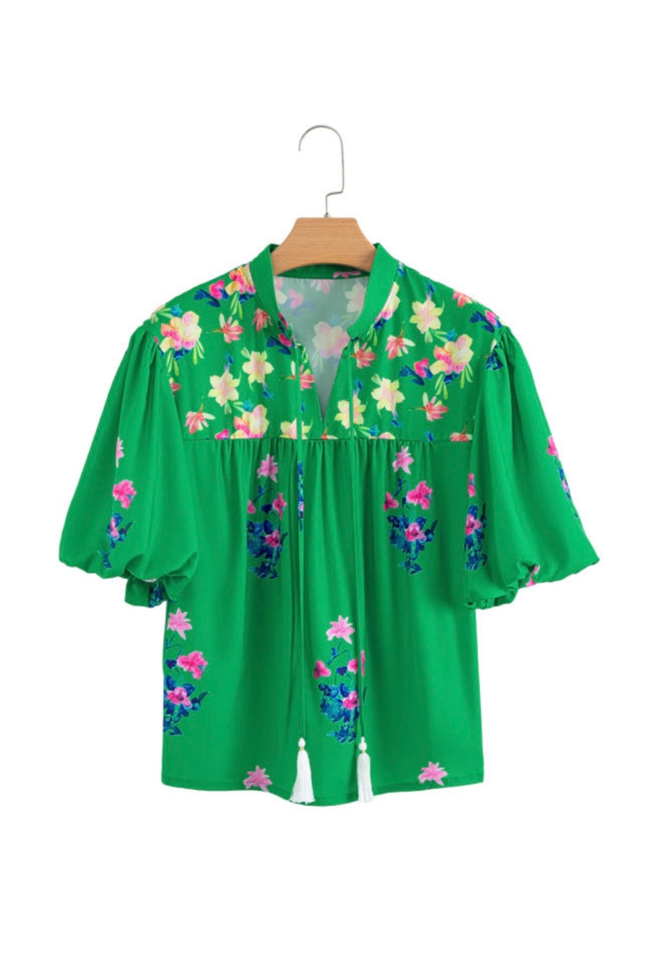 Green Floral Split Neck Puff Sleeve Blouse