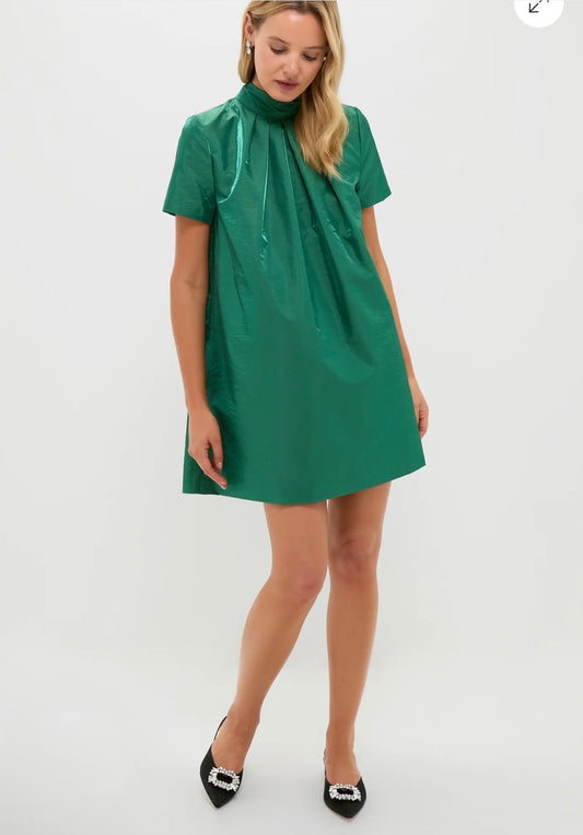 HYACINTH HOUSE Green Taffeta Embellished Ashton Bow Dress-Size XXS