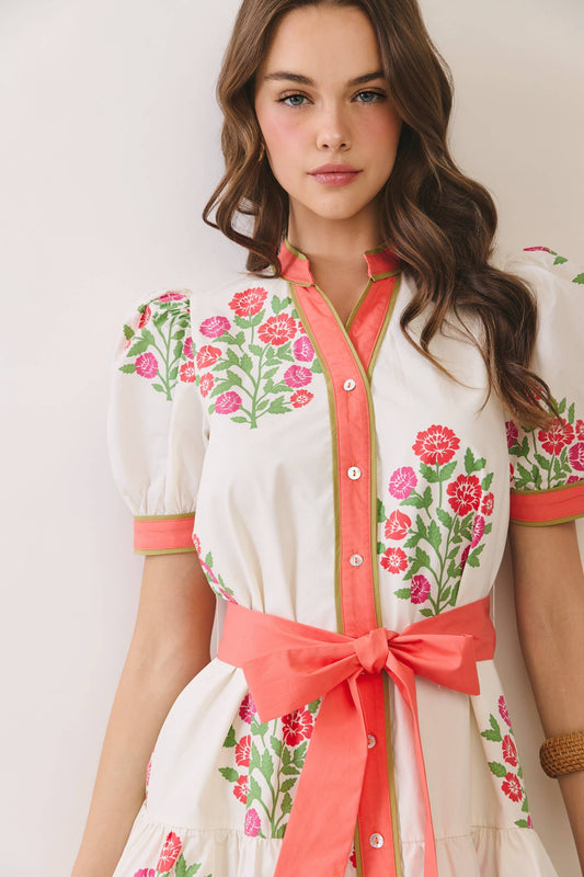 Floral Coral Trim Puff Sleeve Belted Mini Dress