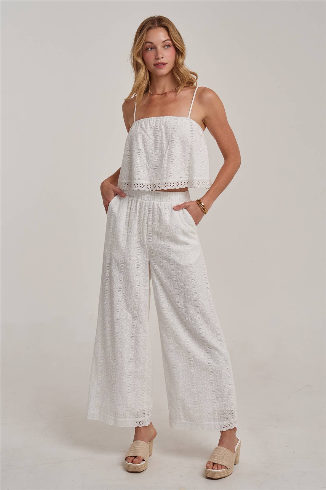 EYELET LACE CROPPED CAMI TOP AND WIDE LEG PANTS SUMMER SET