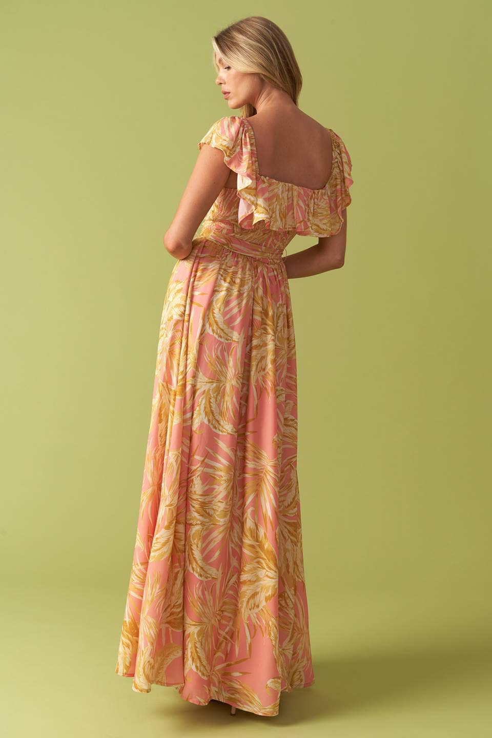 Pink Floral Flutter Top Midi Dress