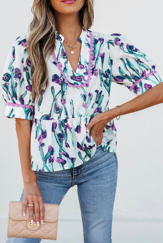 Purple Floral Ricrac Trim Peplum Blouse
