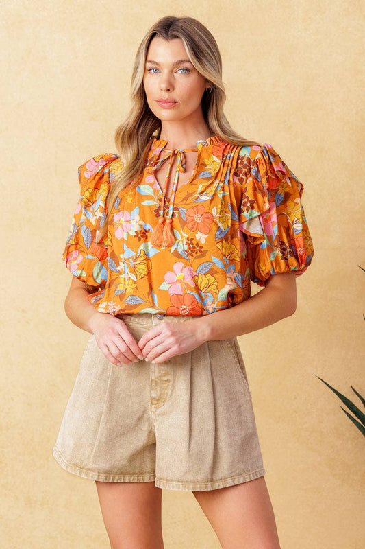 Orange Floral V Neck Top