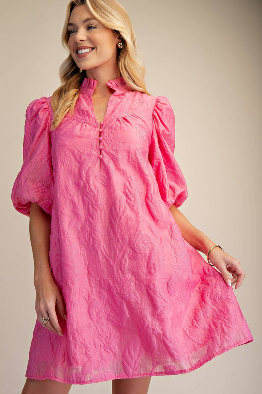 Pink Ruffled Neck with Volume Sleeve Dress