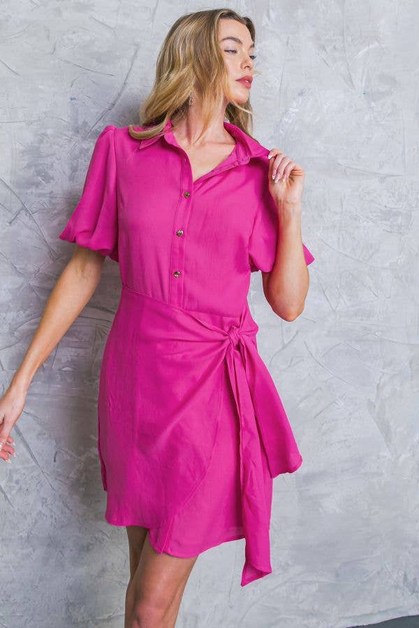 Fuchsia Solid Side Tie Woven Dress