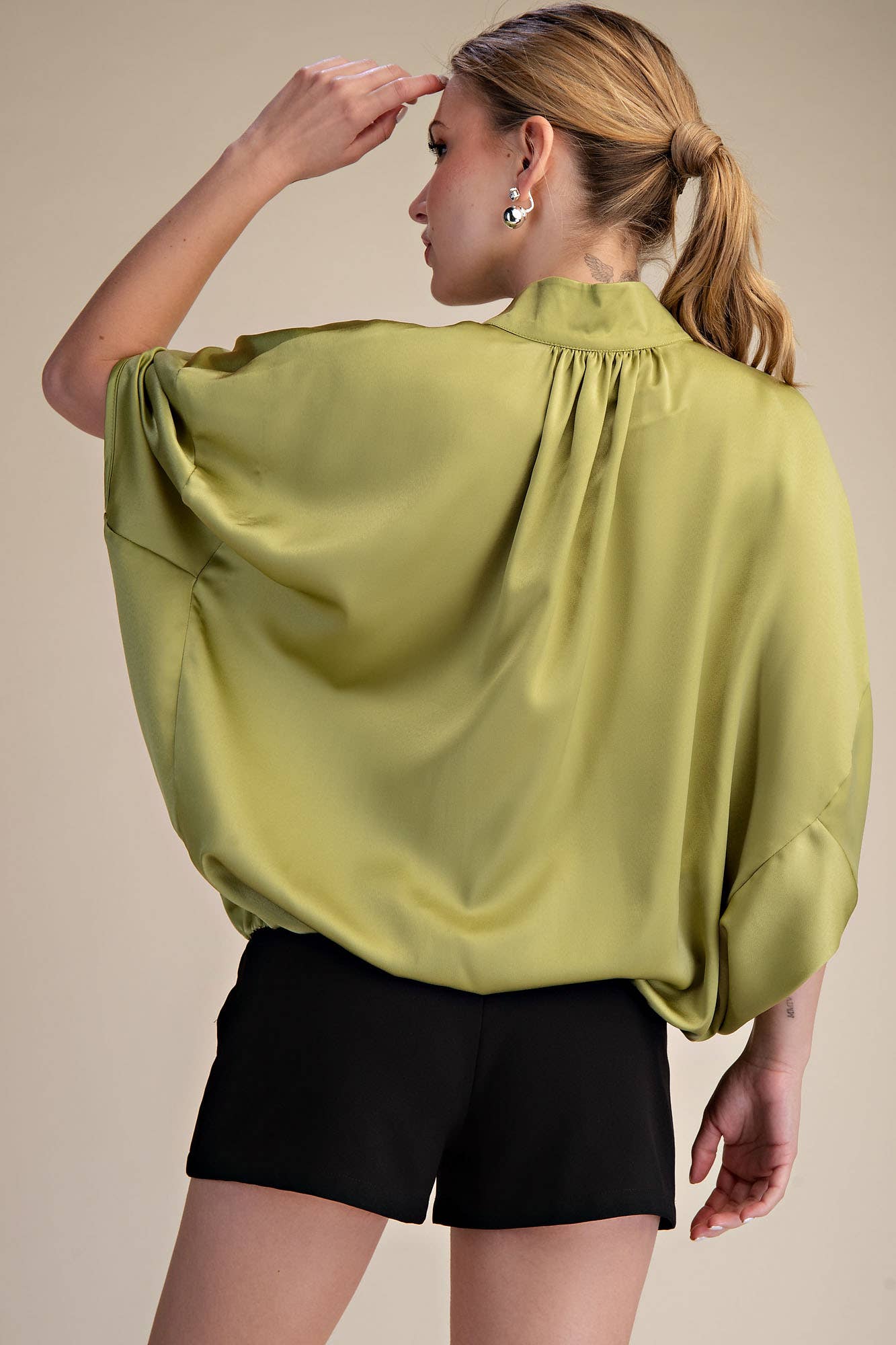 Chartreuse Elbow Sleeve Half Zip Satin Top