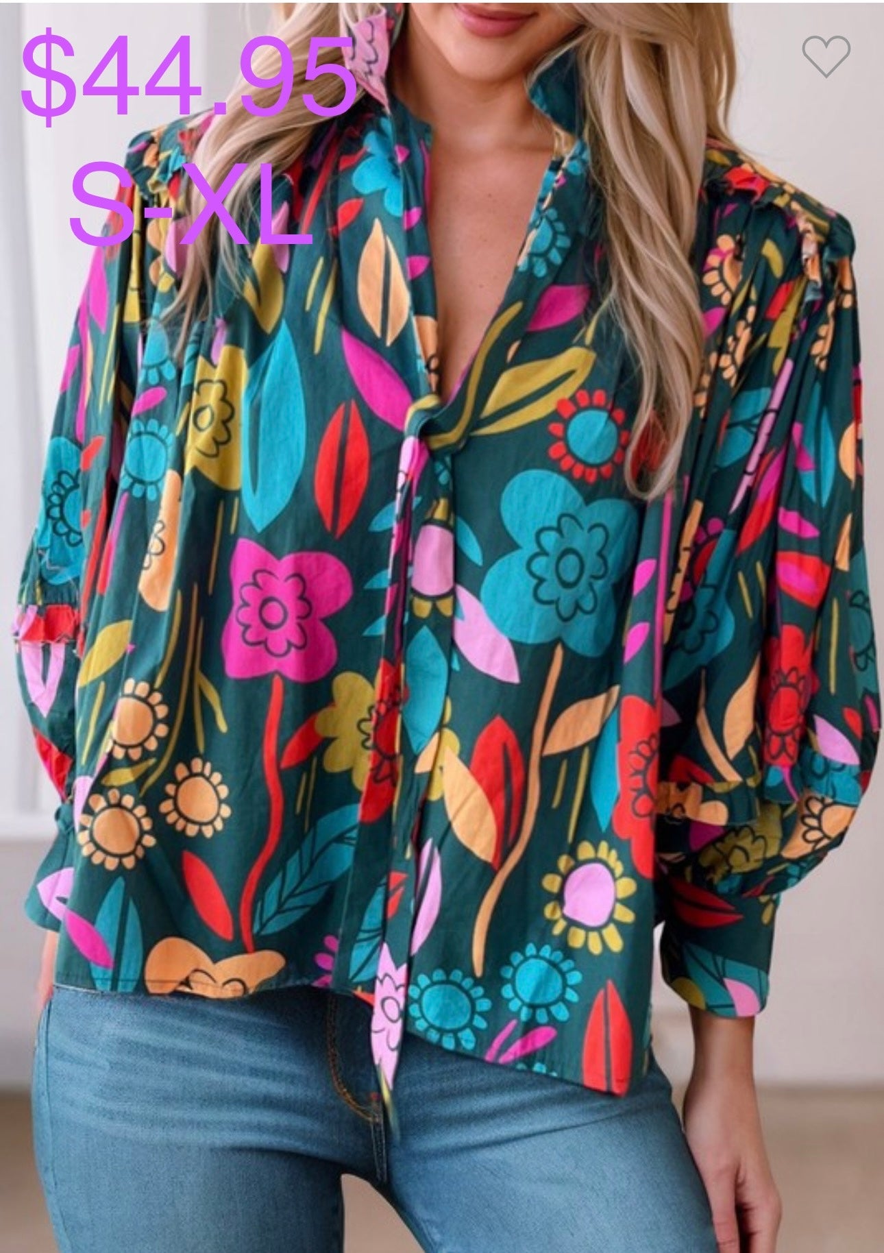 Floral Knot Split Neck Puff Sleeve Blouse