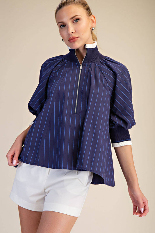 Navy Mock Neck Band Puff Sleeve Blouse