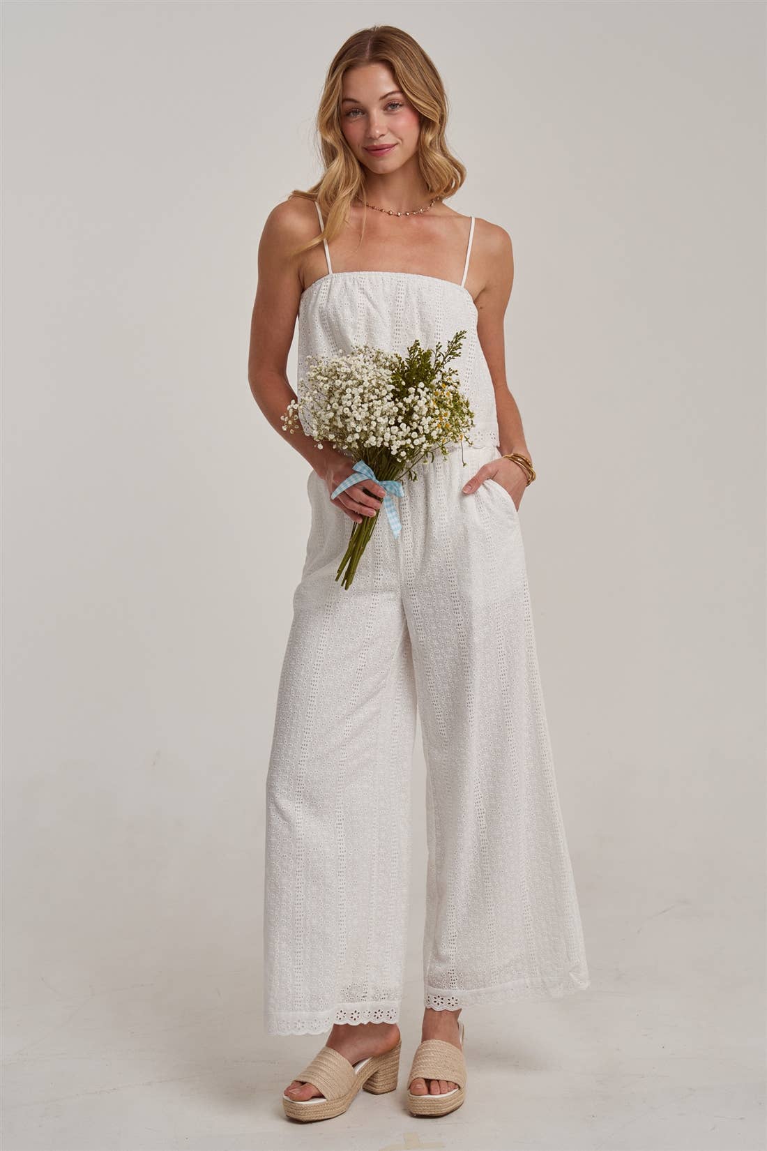 EYELET LACE CROPPED CAMI TOP AND WIDE LEG PANTS SUMMER SET