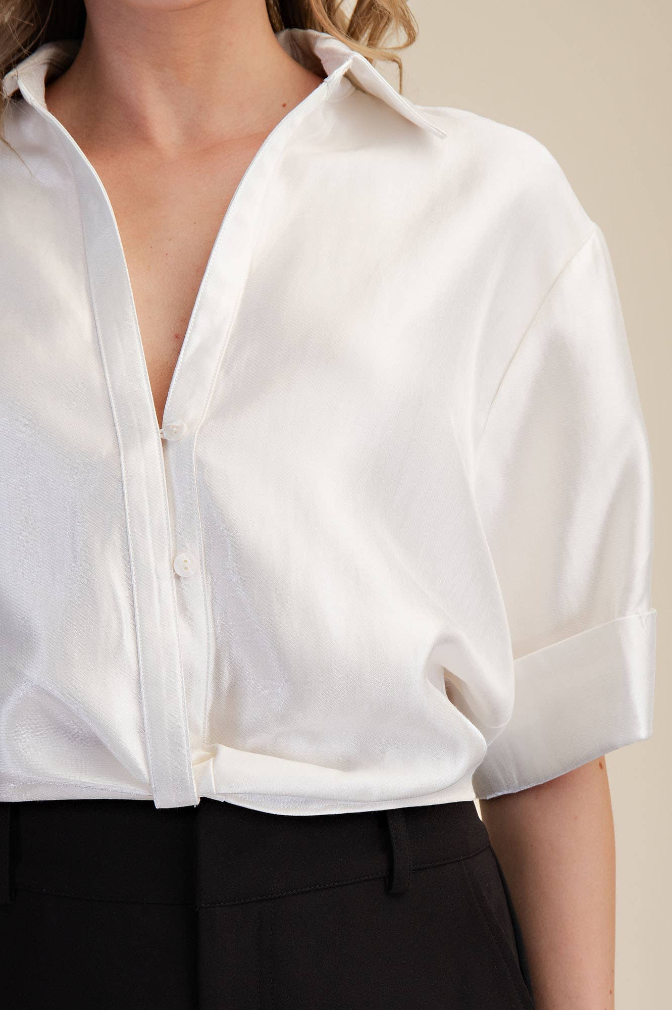 Deep Neck And Lapel Collar Short Sleeve Blouse