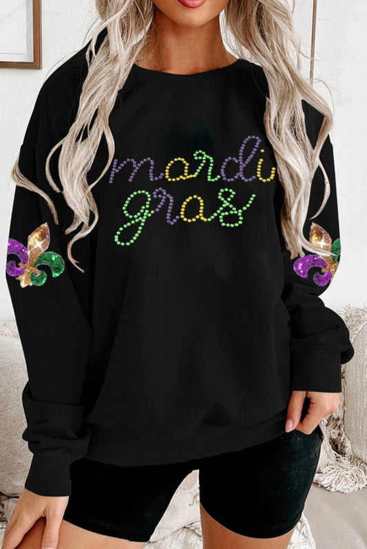Black Ceramic Rhinestone Mardi Gras Sweatshirt