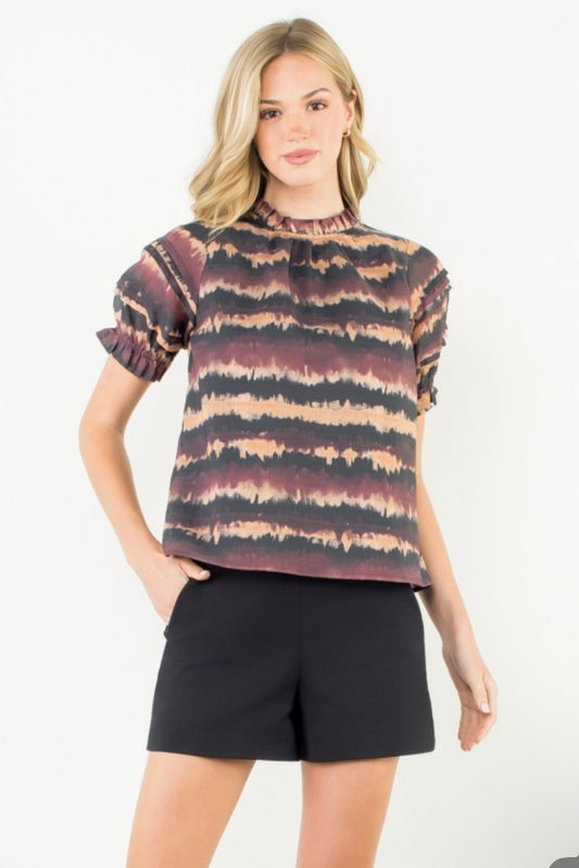 Pleated Puff Sleeve Brown/Black Blouse
